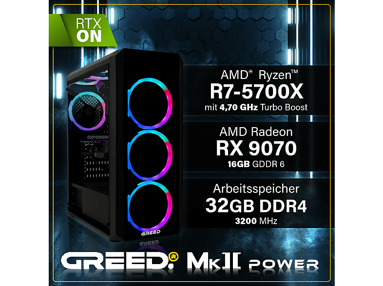 PC Gaming - Greed MK2 Power AMD | Gaming Ordenador / Computer, AMD Ryzen 7 5700X, 32 GB RAM, 1 TB SSD, Radeon™ RX 9070, Windows 11 Pro, Negro