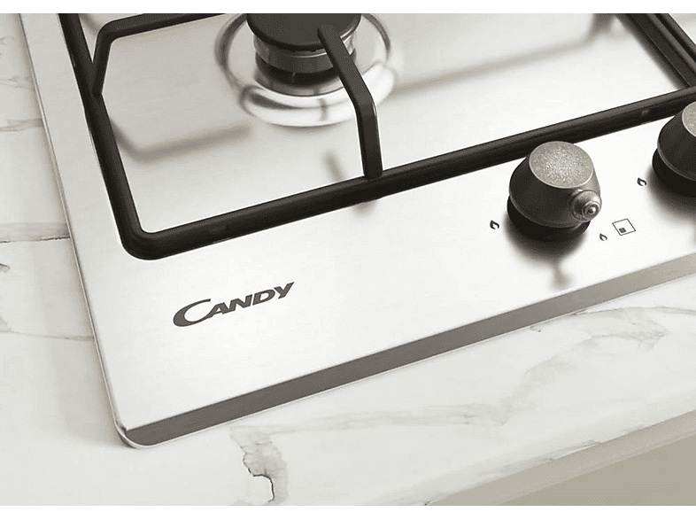 Placa de gas - Candy 33801984, 4 zonas, Gas Natural, 595 mm, Acero inoxidable