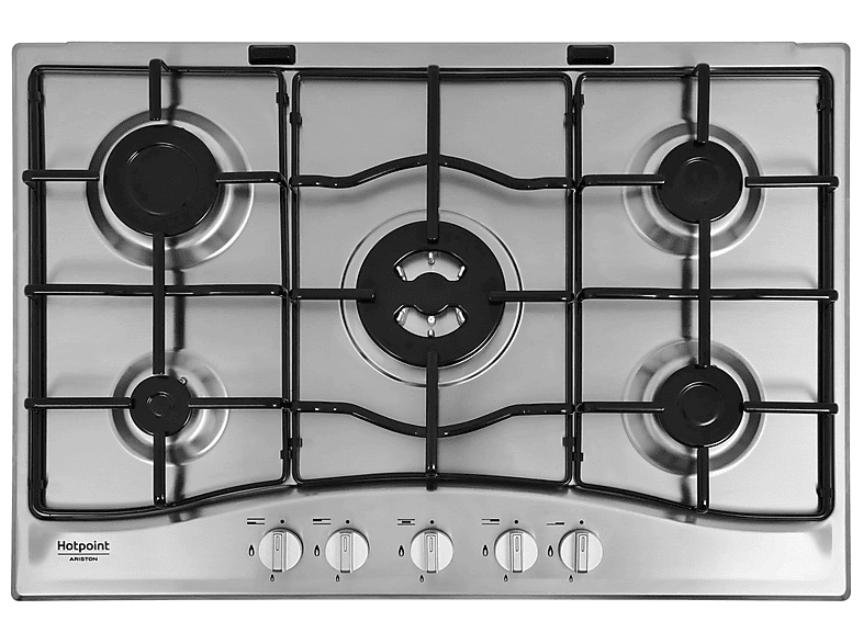 Placa de gas - Hotpoint 869991005920, 5 zonas, Metano, 75 cm, Negro, Acero inoxidable
