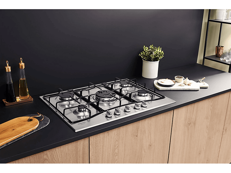 Placa de gas - Hotpoint 869991005920, 5 zonas, Metano, 75 cm, Negro, Acero inoxidable