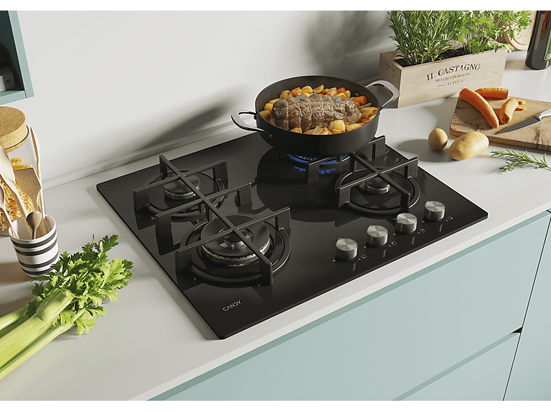 Placa de gas - Candy CDK6GF4WEKB, 4 zonas, 595 mm, Negro