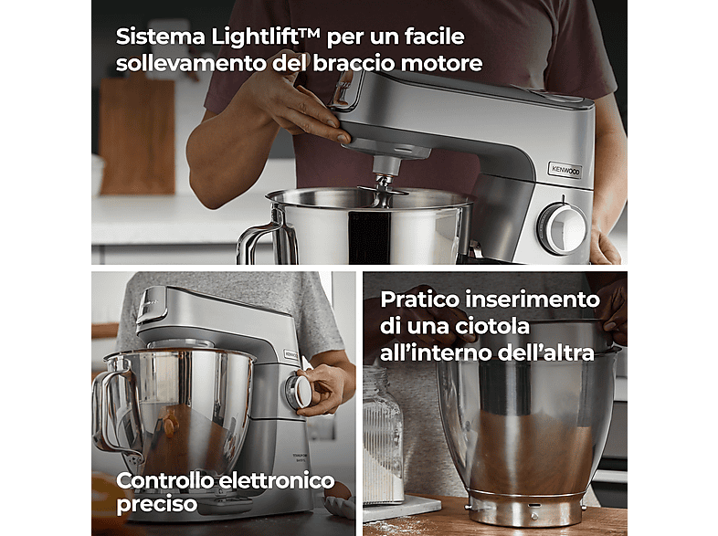 Robot amasador - Kenwood KVL85124SI, 1200 W, 7 l, Acero inoxidable