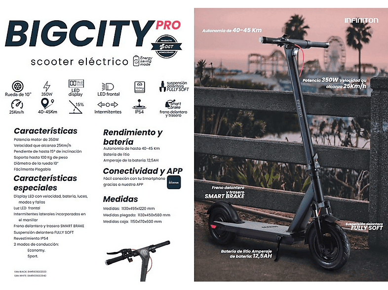 Patinete eléctrico - Infiniton BIGCITY PRO NEGRO HOMOLOGADO, Pot. máx. 350 W, Carga máx. 100 kg