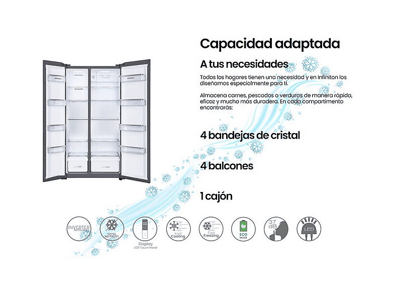 Frigorifico americano - Infiniton SBS-A174I, No Frost, Altura 176,8 cm, Capacidad 505 l, Inox