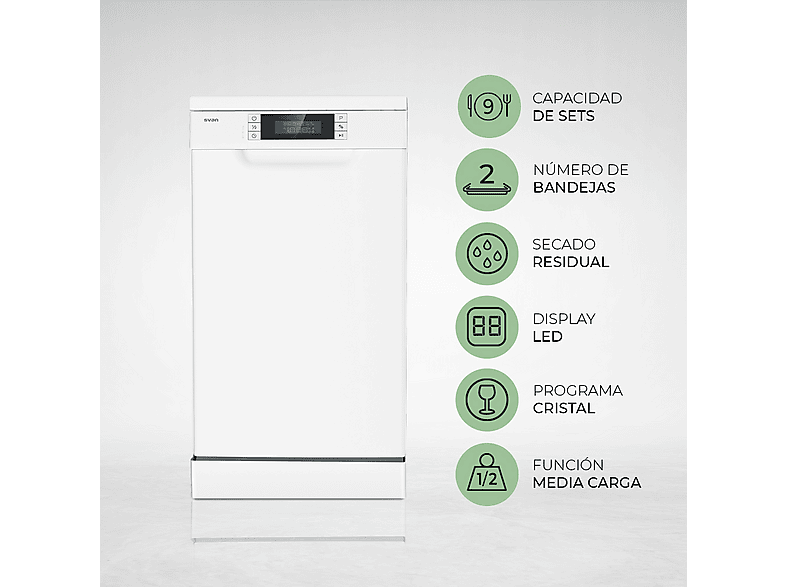 Lavavajillas libre instalación 45 cm - Svan SVASJ94500ED, 9 servicios, 7 programas, 44,8 cm, blanco