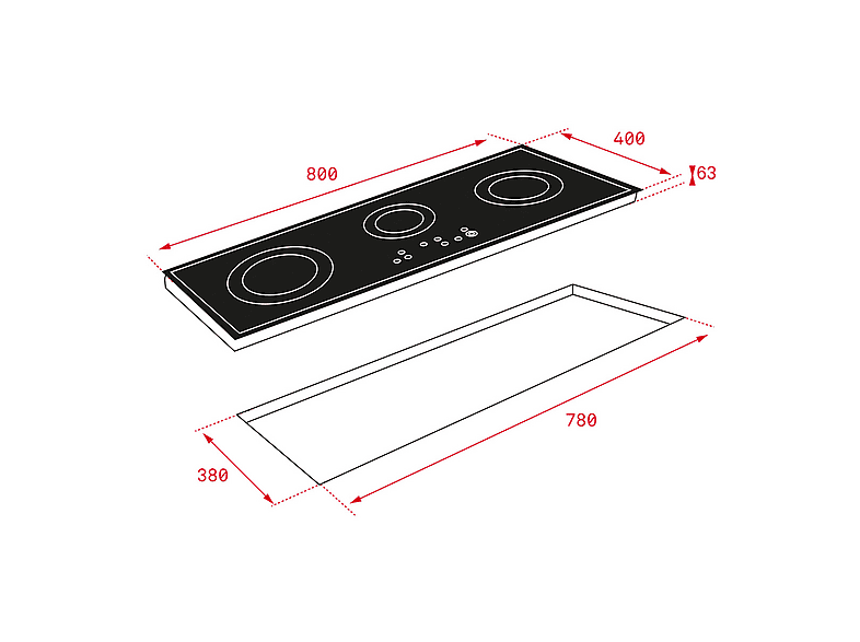 Placa vitrocerámica - Teka TRC 83631, 3 zonas, Zona grande 27 cm, Touch Control, 80 cm, Negro