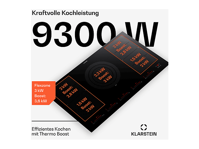 Placa de inducción - Klarstein Masterzone 90 Flex, 4 zonas, 90 cm, Negro