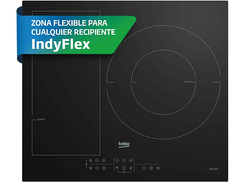 Placa inducción - Beko HII63201FMT, 3 zonas, Zona grande 32 cm, Flexizone, Función Booster, Stop&Go, 60 cm, Negro