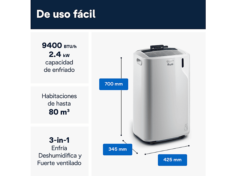 Aire acondicionado portátil - De Longhi, De'Longhi Pinguino PACEMK82, 2350 frig/h, 2.4kW, 80m³, 3 en 1, Función deshumidificador, 63dB, Blanco