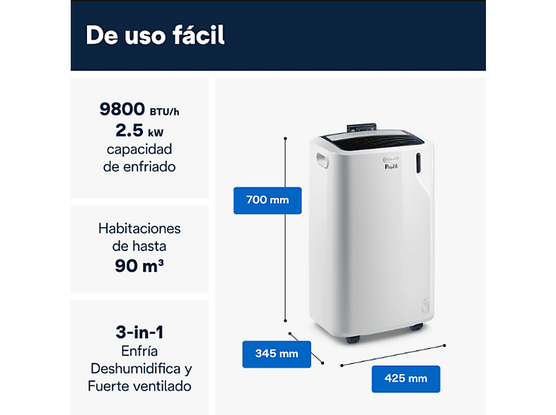 Aire acondicionado portátil - De Longhi, De'Longhi Pinguino PAC EM90 Silent, 2450 fg/h, 2.5kW, 90m³, 3 en 1, Temporizador, 63dB, Gas Eco-Friendly