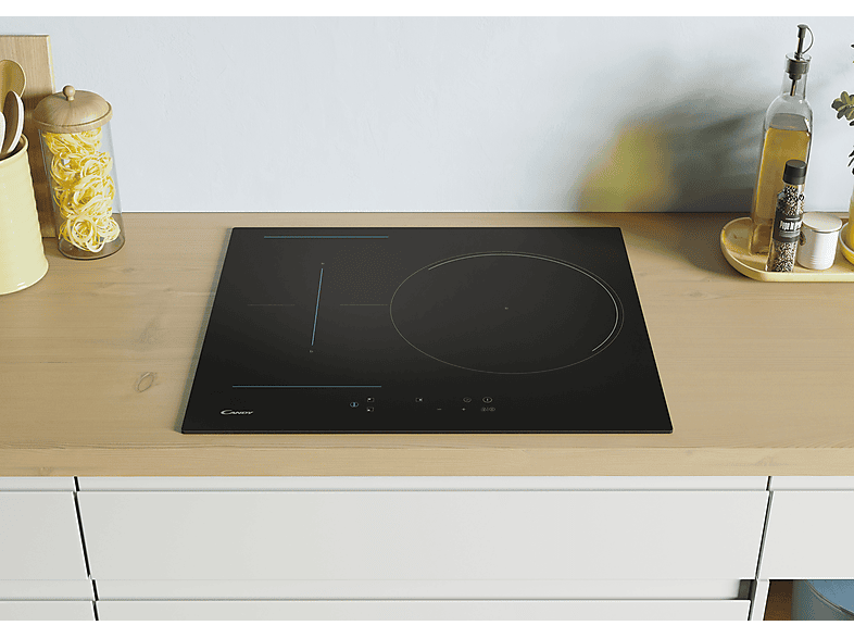 Placa inducción - Candy CTP634C, 3 Zonas, 2 Zonas Flex, Zona grande 32 cm, Float glass, 60 cm,Negro