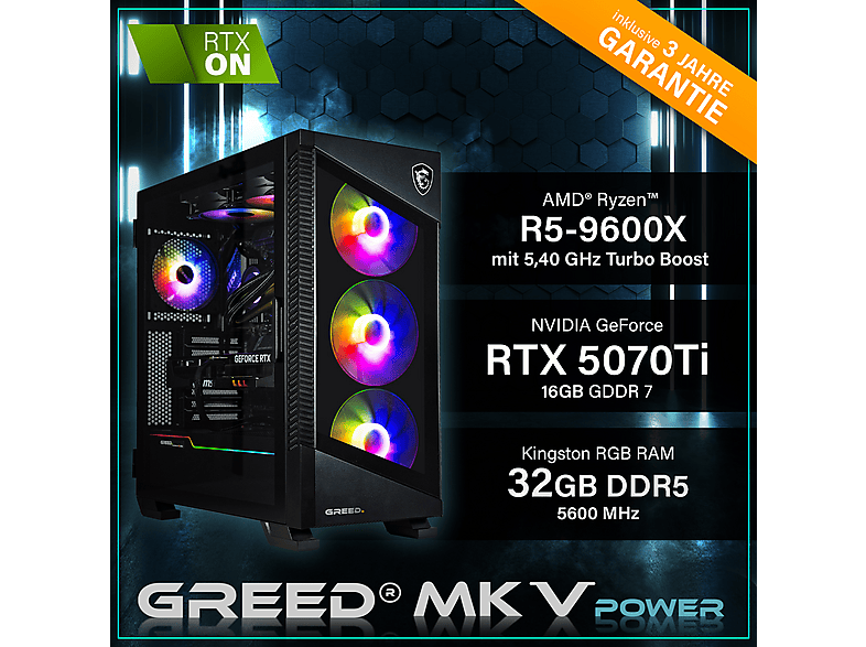 PC Gaming - Greed MK5 AMD, AMD Ryzen 5 9600X, 32 GB RAM, 1 TB SSD, GeForce RTX™ 5070 Ti, Windows 11 Pro, Negro