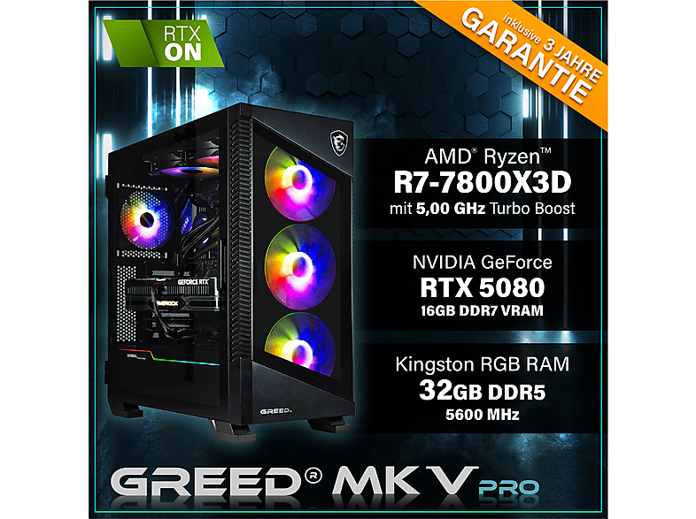 PC Gaming - Greed MK5 AMD Pro, AMD Ryzen 7 7800X3D, 32 GB RAM, 2 TB SSD, GeForce RTX™ 5080, Windows 11 Pro, Negro
