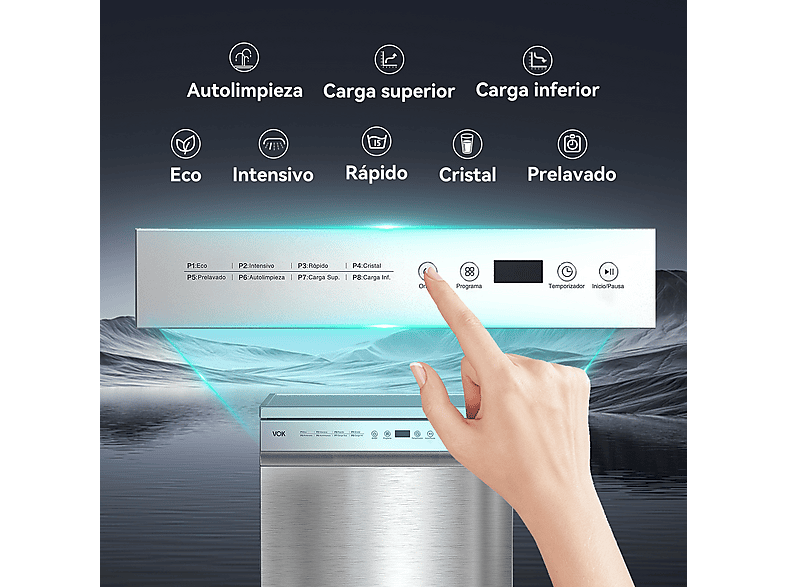 Lavavajillas libre instalación 60 cm - Vok EVD-14FCSAD, 8 programas, 60 cm, Inox