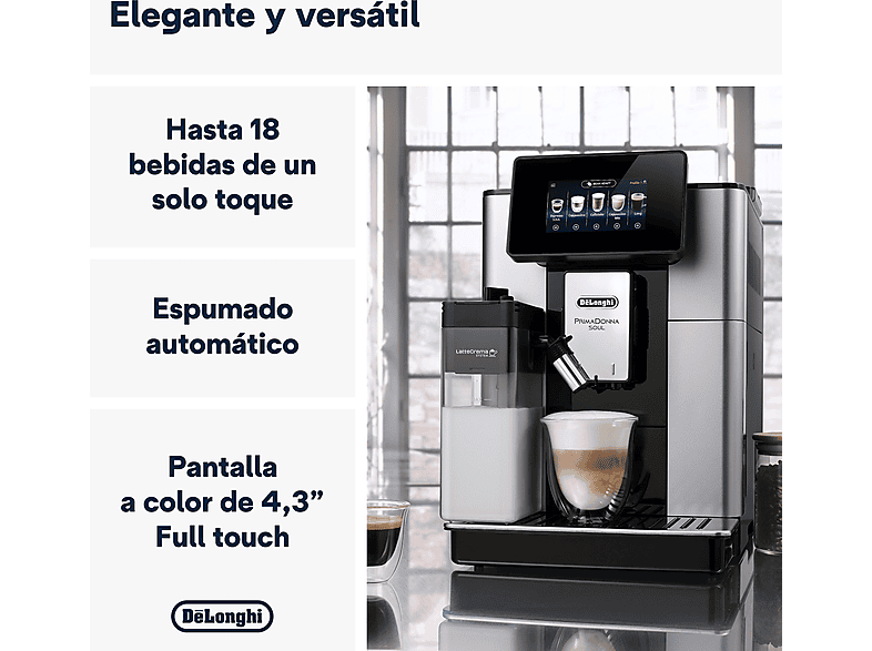 Cafetera superautomática - De Longhi, De'Longhi PrimaDonna Soul ECAM610.55.SB, 1450W, 19 bar, Molinillo integrado, Sistema Thermoblock, Táctil, Inox