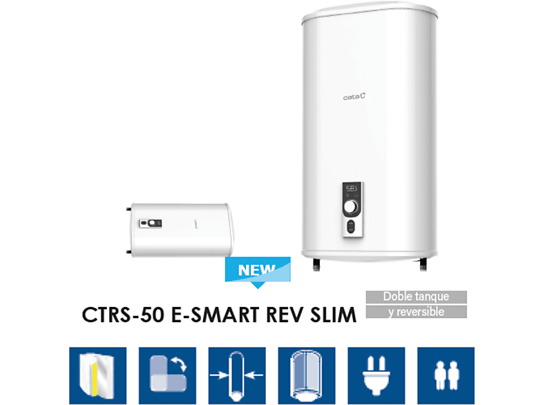 Termo eléctrico - Cata CTRS-50 E-SMART REV SLIM, 50 l, Blanco