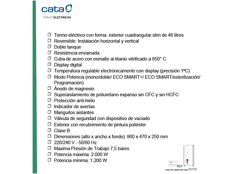 Termo eléctrico - Cata CTRS-50 E-SMART REV SLIM, 50 l, Blanco