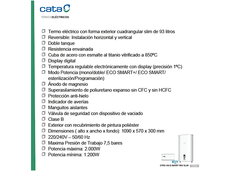 Termo eléctrico - Cata CTRS-100 E-SMART REV SLIM, 93 l, Blanco
