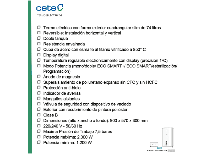Termo eléctrico - Cata CTRS-80 E-SMART REV SLIM, 80 l, Blanco