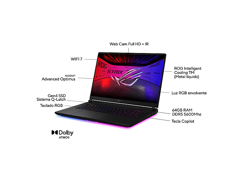 Portátil gaming - ASUS G835LW-SA077W U9-275HX/64/2/RTX5080/W11, 18 " WQXGA, Intel® Core™ Ultra 9 275HX, 64 GB RAM, 2 TB SSD, GeForce RTX™ 5080, Negro