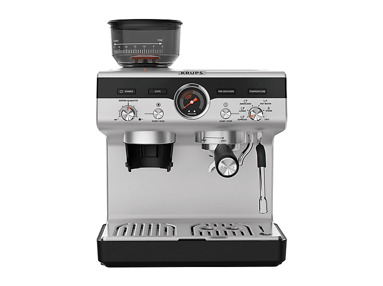 Cafetera express - Krups XP801T PROFESIONAL PRESICION C/MOLINILLO, 15 bar, 1550 W, 120 ml, 2 tazas, Inox