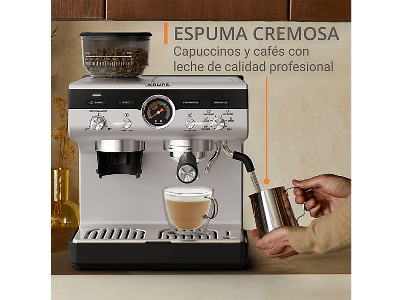 Cafetera express - Krups XP801T PROFESIONAL PRESICION C/MOLINILLO, 15 bar, 1550 W, 120 ml, 2 tazas, Inox