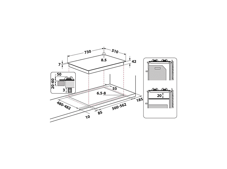 Placa de gas - Whirlpool 869991632540, 5 zone(s) zonas, 730 mm, Acero inoxidable