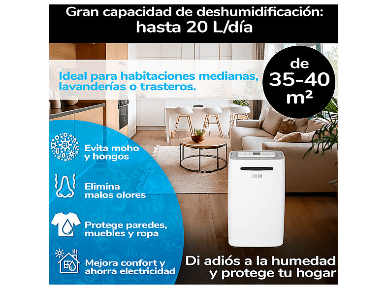 Deshumidificador - Hjm DHM20L, 20L/día, 35-40m², Secado Ropa, 210W, 2,5 l, 40 m², blanco