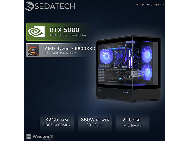 PC Gaming - Sedatech UCCA835I1I1HF, AMD Ryzen 7 9800X3D 8x 4.7Ghz (max 5.2Ghz), 32 GB RAM, 2000 GB SSD, GeForce RTX™ 5080, Windows 11 Home, Negro
