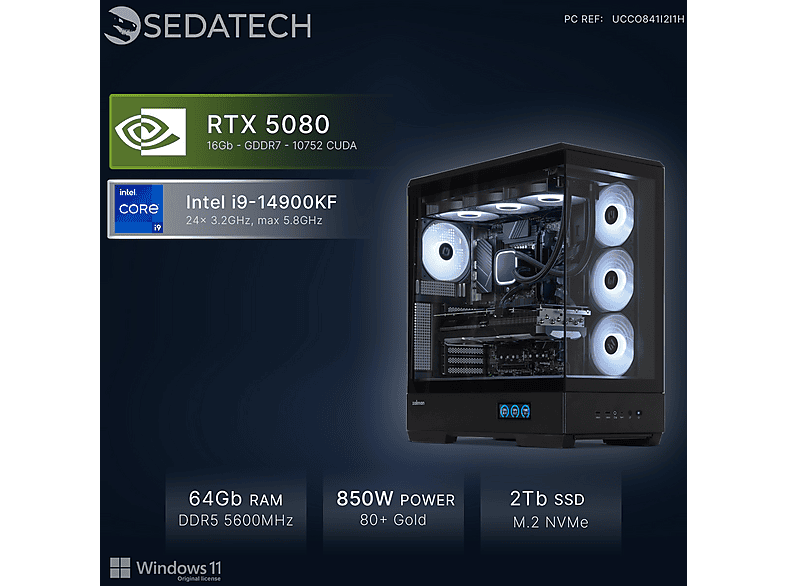 PC Gaming - Sedatech UCCO841I2I1HF, Intel i9-14900KF 24x 3.2Ghz (max 5.8Ghz), 64 GB RAM, 2000 GB SSD, GeForce RTX™ 5080, Windows 11 Home, Negro