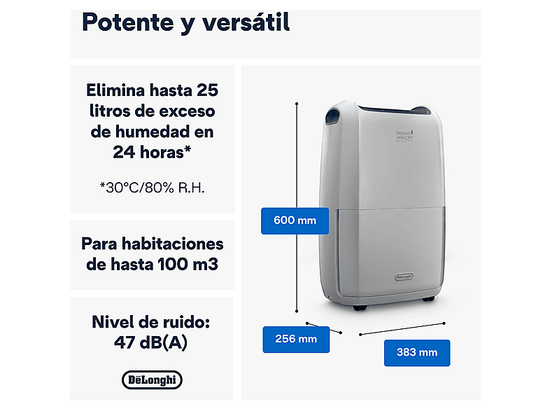 Deshumidificador - De Longhi, De'Longhi Tasciugo Aria Dry DDSX225, Extrae 21 l/día, Capacidad 2 l, Superficie 90m³, Función swing, Anticongelante, LCD