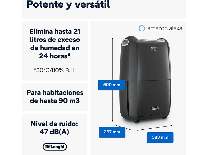 Deshumidificador - De Longhi, De'Longhi Tasciugo AriaDry DDSX220WFA, Extracción de 21 l/día, Capacidad 5 l, Superficie 90 m³, Secado ropa, Negro