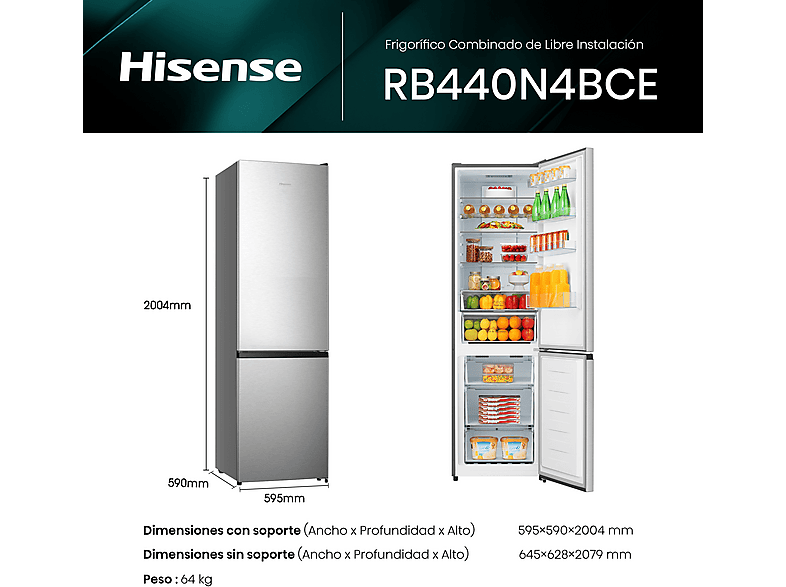 Frigorífico combi - Hisense RB440N4BCE, 200.4 cm, 336l, Freshzone, Iluminación LED, Multi Airflow, Inox
