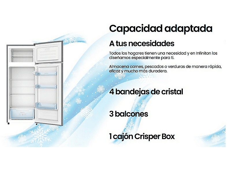 Frigorifico dos puertas - Infiniton FG-A145I, Ciclico, Altura 143 cm, Capacidad 200 l, Inox