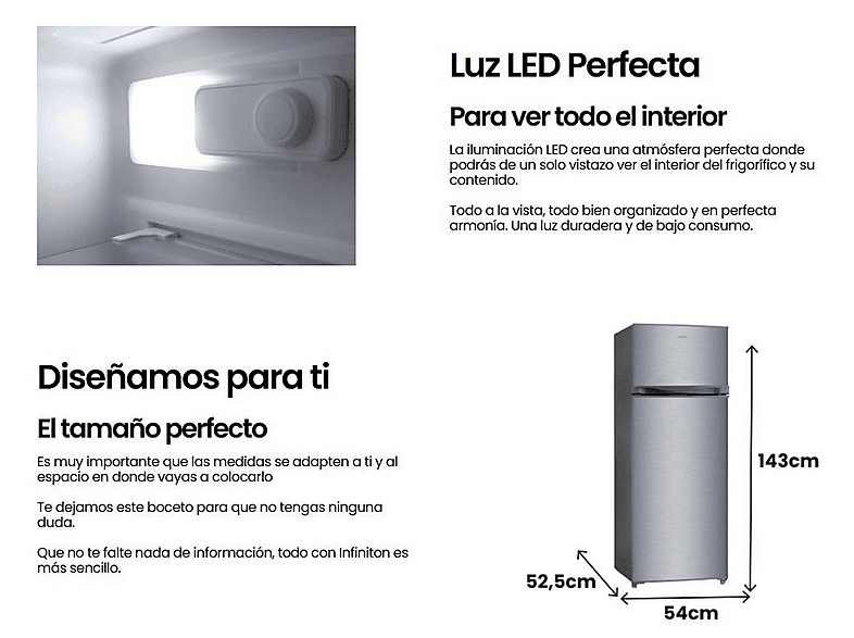 Frigorifico dos puertas - Infiniton FG-A145I, Ciclico, Altura 143 cm, Capacidad 200 l, Inox