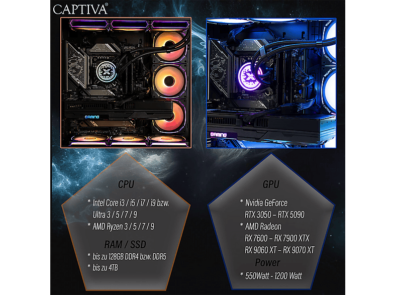 PC Gaming - Captiva 90465, Intel Core i9 14900KF, 24 Núcleos, 64 GB RAM, 2 TB SSD, GeForce RTX™ 5070 Ti, Windows 11 Home, Negro