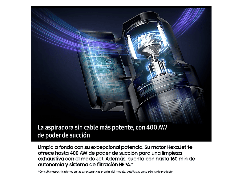 Aspirador escoba - Samsung VS90F40DEK/WA BESPOKE AI JET ULTRA, 400 W, Potencia de succión 400 AirWatt, Depósito 2,5 l, Autonomía 160 min, Negro