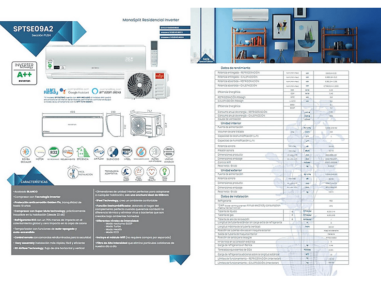 Aire acondicionado Split 1x1 - Infiniton SPTSE09A2, 9000 fg/h, Función Inverter, Blanco