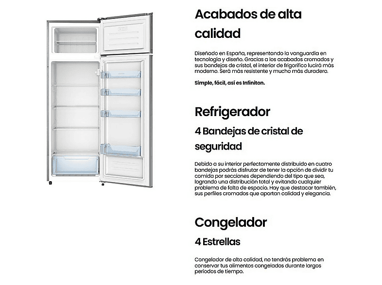 Frigorifico dos puertas - Infiniton FG-A165I, Altura 160 cm, Capacidad 235 l, Inox