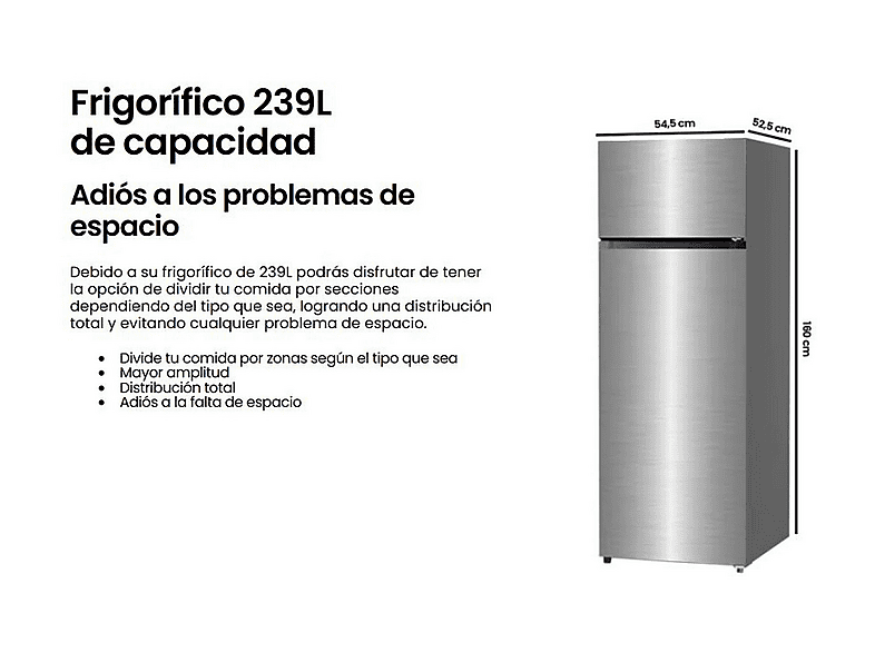 Frigorifico dos puertas - Infiniton FG-A165I, Altura 160 cm, Capacidad 235 l, Inox