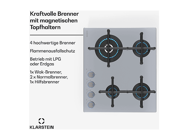 Placa de gas - Klarstein Illuminosa 4, 4 zonas, Países Bajos y Bélgica, 59,1 cm, Inox