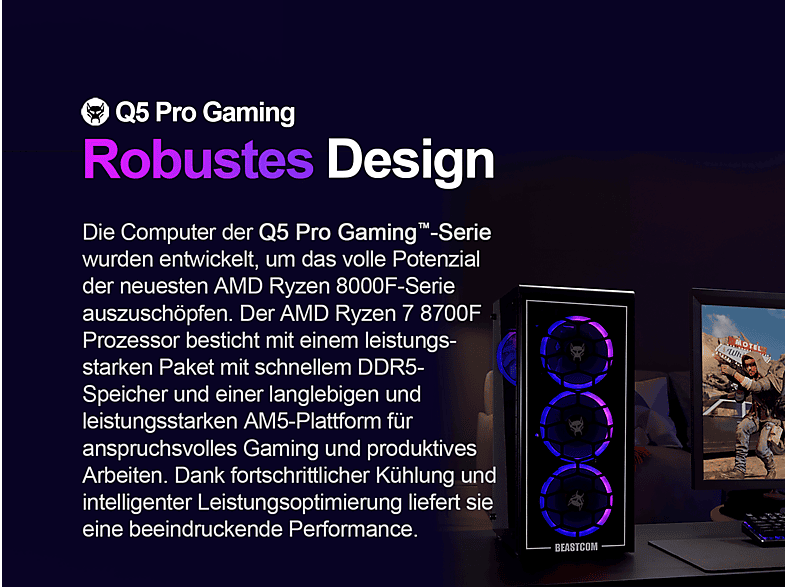 Pack PC Gaming - Beastcom Q5 Pro Gaming, AMD Ryzen™ 7 8700F, 16 GB RAM, 1 TB SSD, GeForce RTX™ 3050, Windows 11 Home, Monitor 27 " Full-HD, Negro