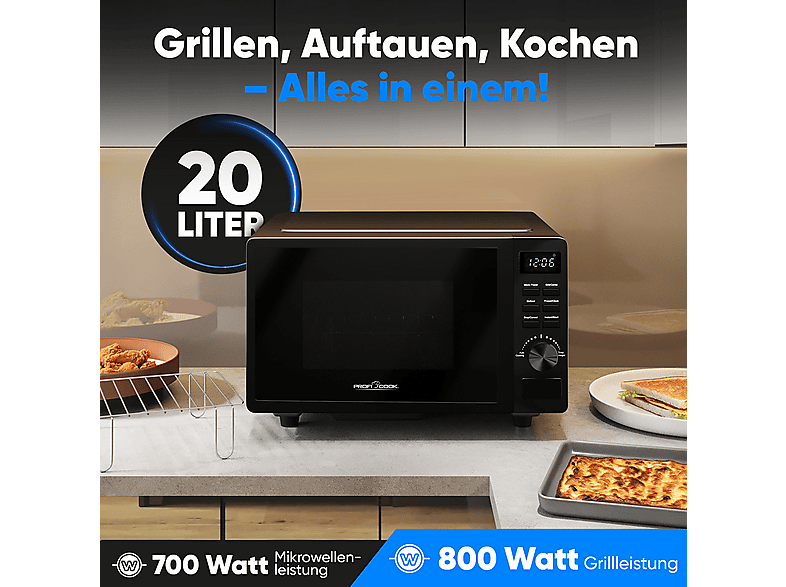 Microondas - Proficook PC-MWG 1278, 1150 W, 5 potencia, Negro