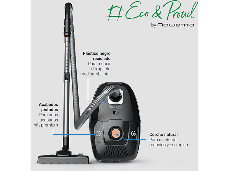 Aspirador con bolsa - Rowenta Green Force RO6189, 400 W, 4.5 L, Motor Effitech® bajo consumo, Filtrado HEPA, Radio 12 m, ECO, Especial Mascotas, Negro