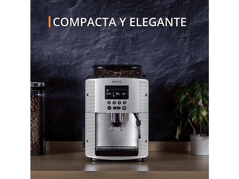 Cafetera superautomática - Krups Essential EA815E70, 1450 W, 15 bar, 1.7 L, 3 temp., Sistema Thermoblock, Molinillo integrado, 2 tazas, Plateado