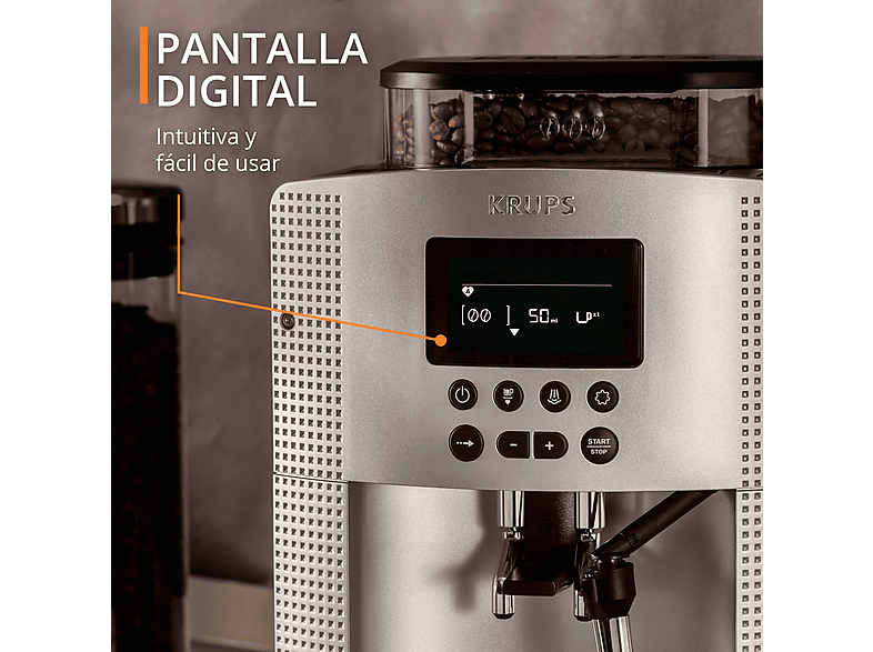 Cafetera superautomática - Krups Essential EA815E70, 1450 W, 15 bar, 1.7 L, 3 temp., Sistema Thermoblock, Molinillo integrado, 2 tazas, Plateado