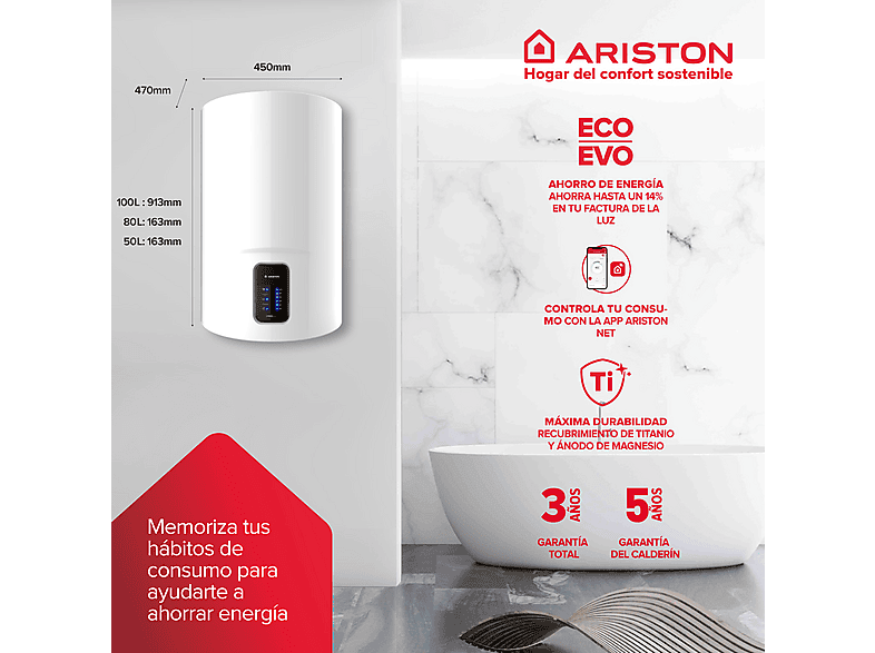 Termo Eléctrico - Ariston LYDOS WIFI 80 V 1,5K EU + KIT POLIF, 80 l, Blanco