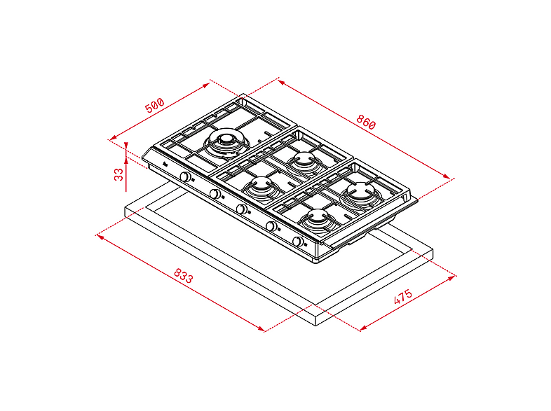 Placa de gas - Teka EX 90.1 5G AI AL DR LEFT CI, 5 Zonas, Gas Butano, 86 cm, Acero inoxidable
