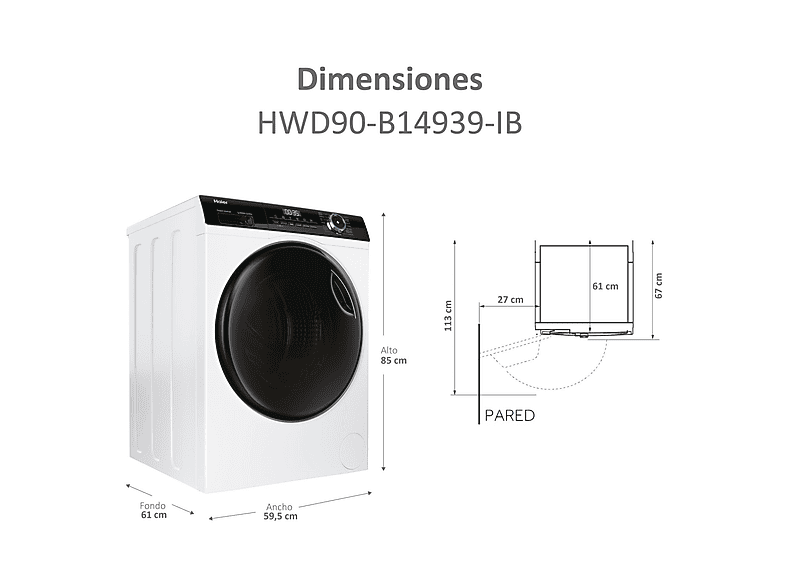 Lavadora secadora - Haier I-Pro Series 3 HWD90-B14939-IB, 9 kg+6 kg, 1400rpm, 15 programas, Motor Direct Motion, Vapor, Blanco