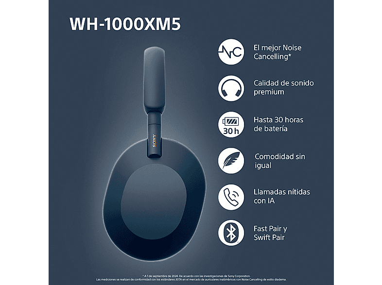 Auriculares inalámbricos - Sony WH1000XM5L, Cancelación ruido (Noise Cancelling), 30h, Hi-Res, Carga Rápida, Con Asistente, Bluetooth, Diadema, Azul